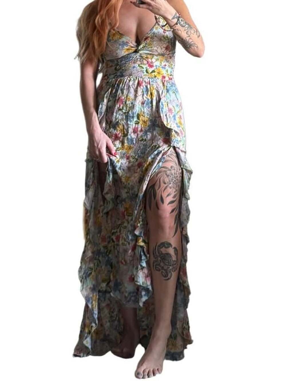 Angie Fairy Core Floral Midi Dress Size M Ruffle Leg Splits
